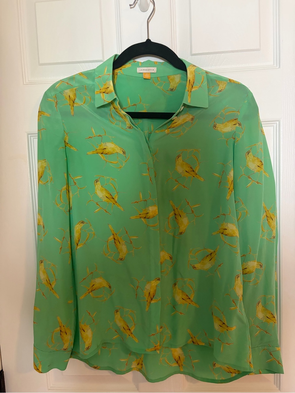 Anthropologie Leifsdottir Lightweight Green Button-Up Shirt silk Yellow Bird